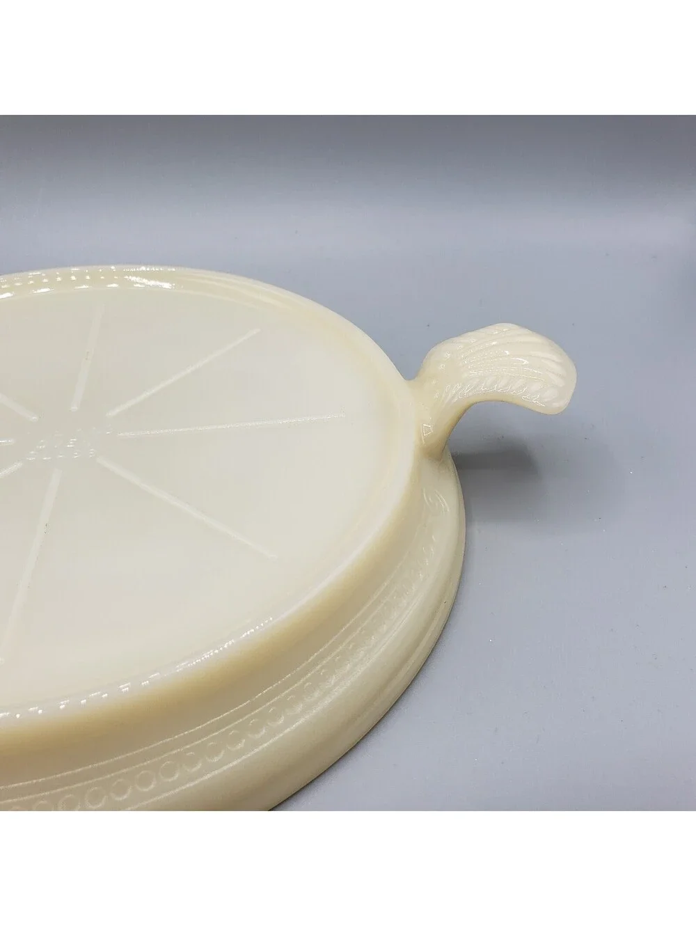 Vintage Fire King Custard Glass Trivet Hot Casserole Stand Ivory Handles 1950's